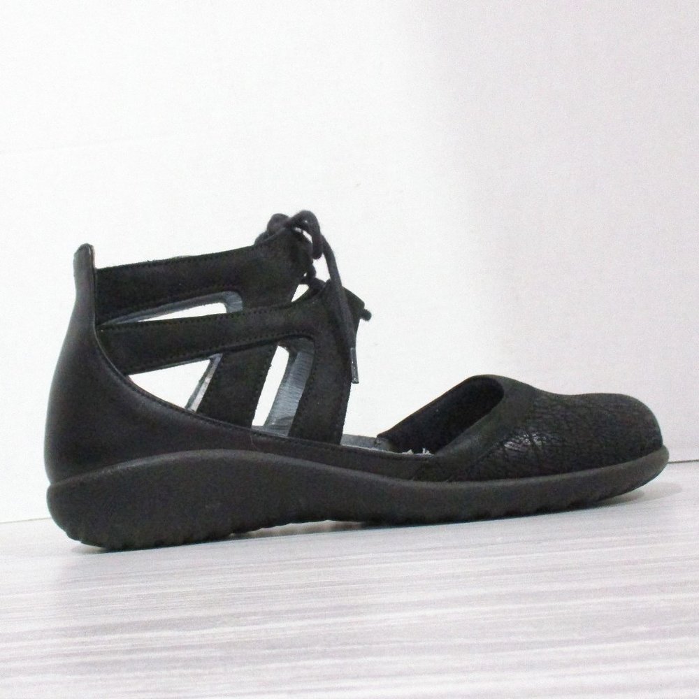 NAOT Kata Lace-Up Ankle Flat, Black "Crackle" Leather, Women's Us7 / EUR38
